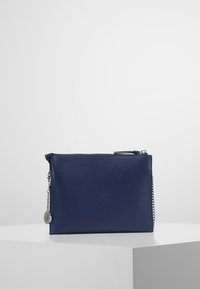 Granatowa kopertówka wykonana z gładkiego materiału, z zamkiem błyskawicznym i srebrnym łańcuszkiem po boku. Minimalistyczny design, prostokątny kształt.