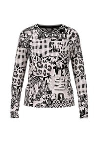 Long-sleeve top featuring a black and white mixed pattern of graphics, plaid, and leopards. Made of printed fabric with a round neck.