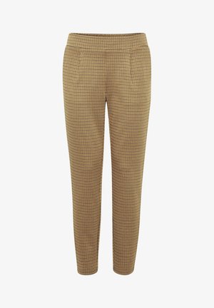 Pantalones de cuadros marrones con forma ajustada, cinturilla elástica y dos bolsillos laterales. La tela tiene una textura suave con un patrón a cuadros.