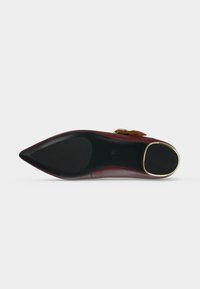 Chaussure en cuir bordeaux à bout pointu avec semelle noire et talon arrondi orné d'un liseré doré, vue par en dessous.