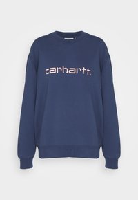 Sudadera azul marino de algod�ón, con cuello redondo acanalado, hombros caídos y logo "Carhartt" bordado en rosa en la parte frontal.