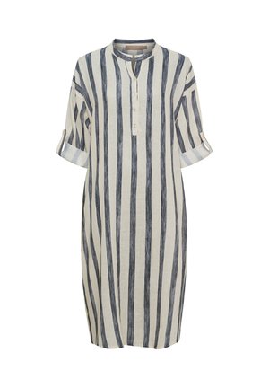 Knælang cremefarvet kjole med lodrette marineblå striber, trekvartærmet opkrogede ærmer, rund halsudskæring og knaplukning foran.