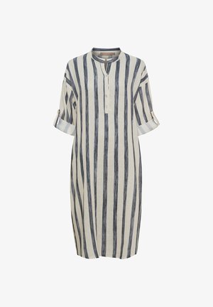 Knælang cremefarvet kjole med lodrette marineblå striber, trekvartærmet opkrogede ærmer, rund halsudskæring og knaplukning foran.