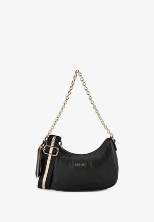 Bolso negro Liu Jo con asa de cadena dorada y correa de tela negra y beige desmontable con pequeño bolso con cremallera adjunto.
