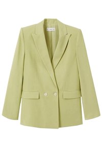 Blazer double boutonnage vert clair avec revers crantés, deux poches à l'avant et accents de boutons blancs, fabriqué dans un tissu lisse.