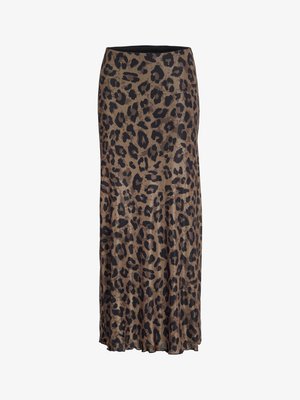 Leopard print skirt in brown and black, featuring a flowing design with a subtle ruffle hem, made from lightweight, soft fabric.