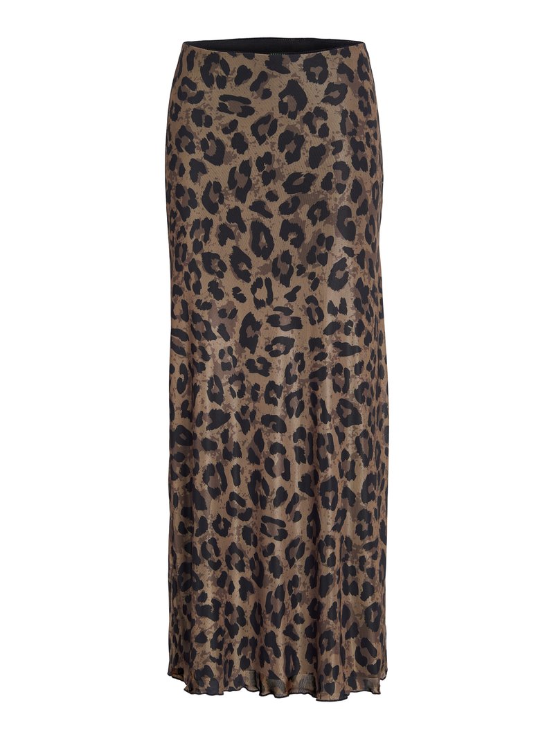 Spódnica w panterkę w kolorze brązowym i czarnym, o swobodnym kroju z delikatną falbaną na końcu, wykonana z lekkiego, miękkiego materiału.