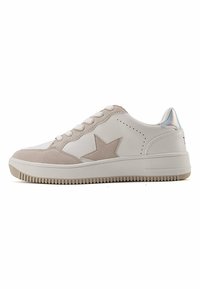White sneaker with a light beige star, featuring suede accents, perforations, and a textured rubber sole, designed for casual wear.