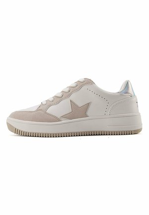 White sneaker with a light beige star, featuring suede accents, perforations, and a textured rubber sole, designed for casual wear.