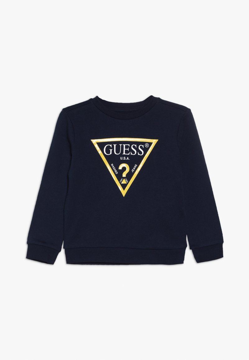 Sweatshirt bleu marine à manches longues, col rond, avec un logo triangulaire imprimé en or comprenant "GUESS" et "U.S.A." sur le devant.