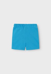 Blue cotton shorts featuring an elastic waistband, smooth texture, and simple design with no patterns or additional accents.