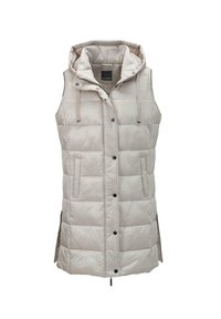 Ärmellose, hellgraue Steppweste mit Kapuze, horizontalem Steppmuster, durchgehender Knopfleiste, Seitentaschen und verstellbaren Kordeln.