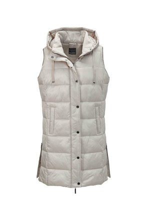 Ärmellose, hellgraue Steppweste mit Kapuze, horizontalem Steppmuster, durchgehender Knopfleiste, Seitentaschen und verstellbaren Kordeln.