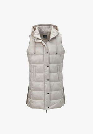 Ärmellose, hellgraue Steppweste mit Kapuze, horizontalem Steppmuster, durchgehender Knopfleiste, Seitentaschen und verstellbaren Kordeln.