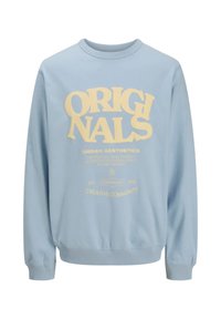 Heled sinine dressipluus ribadega mansettide ja ümmarguse kaelusega, millel on suur ülekattega kollane tekst. Kõige peal on trükitud "ORIGINALS" ja "CREATIVE COMMUNITY".