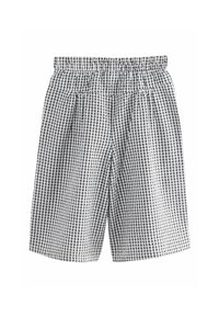 Shorts a quadretti grigi e bianchi con vita elasticizzata e design frontale plissettato. Il materiale sembra leggero e traspirante.