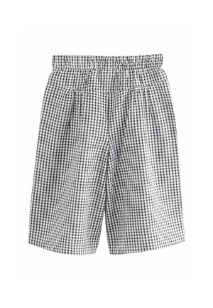 Grau-weiße Gingham-Karo-Shorts mit elastischem Bund und pleated Vorderdesign. Das Material scheint leicht und atmungsaktiv zu sein.