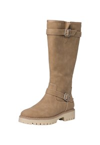 Braune Lederstiefel bis zum Knie mit Schnallenakzenten, strukturierten Oberflächen und einer massiven weißen Gummisohle, die eine glatte obere Kante und Nähdetails aufweist.