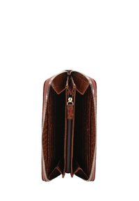 Brown crocodile-embossed wallet with a zip-around closure. Interior features two compartments, one zippered pocket, and textured lining.