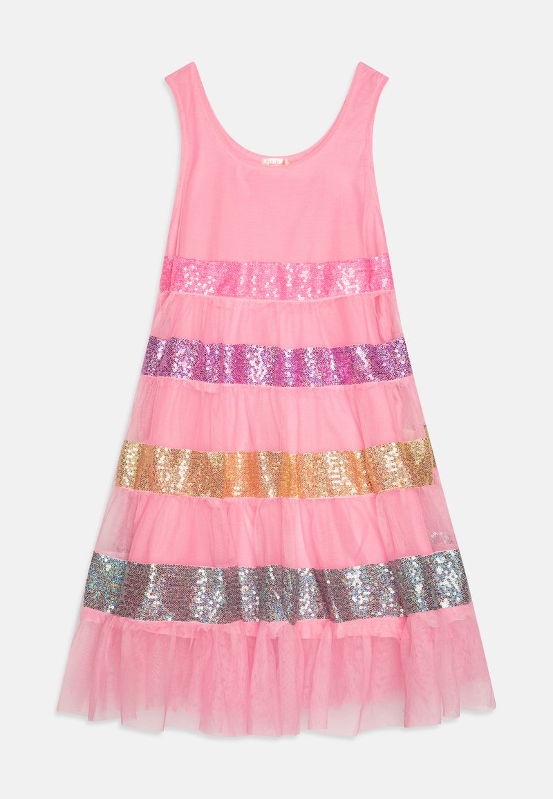 Rožinė be rankovių suknelė su sluoksniuotu tiulu, su horizontaliomis blizgučių juostelėmis rožinės, violetinės, auksinės ir sidabrinės spalvų. Minkšta medžiaga.