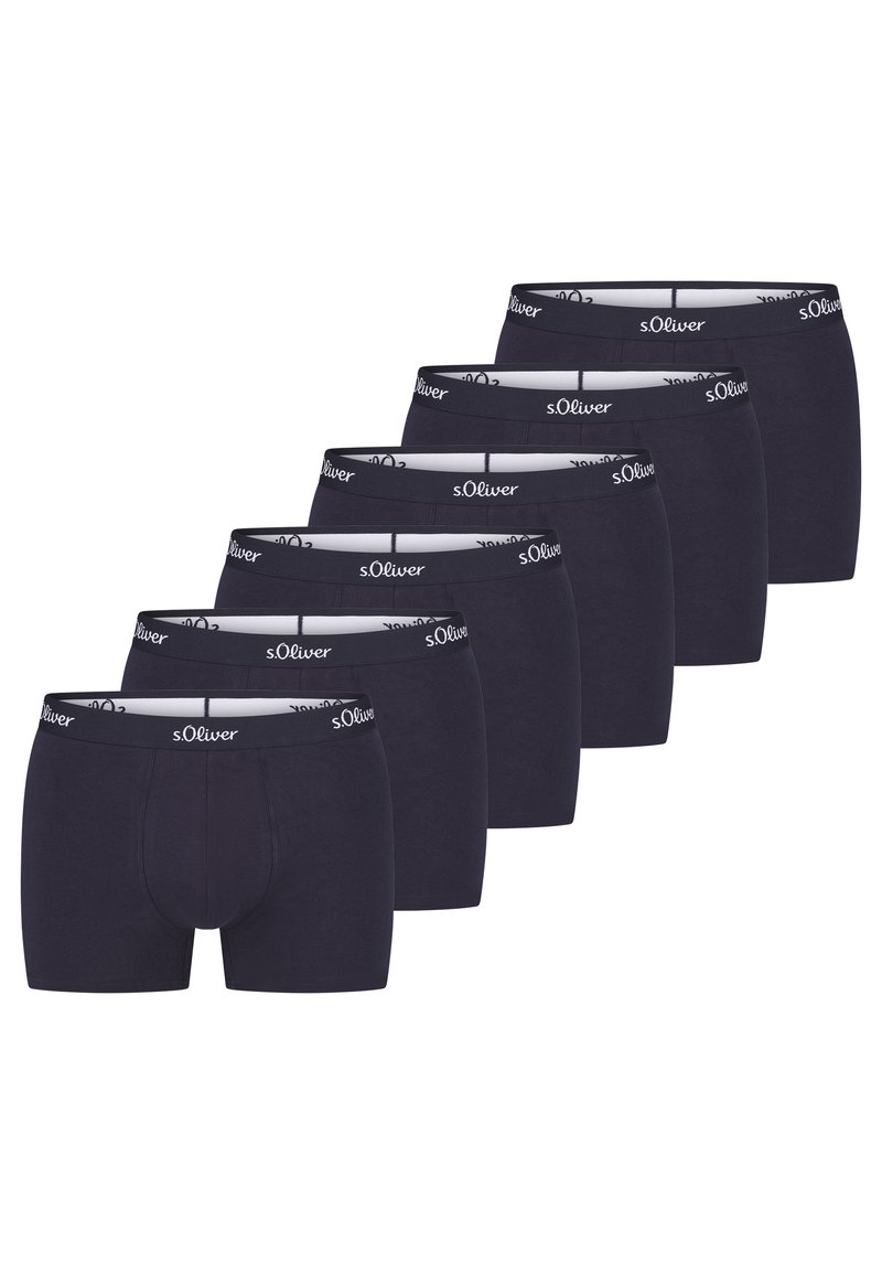 Navy blauwe boxershorts, gemaakt van zacht materiaal, met een merkband en een aansluitend ontwerp. Zes stuks opgesteld in een rij.