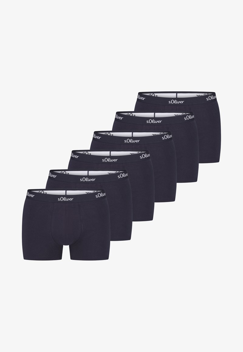 Navy blauwe boxershorts, gemaakt van zacht materiaal, met een merkband en een aansluitend ontwerp. Zes stuks opgesteld in een rij.