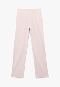 Jasnoróżowe, dziane spodnie z teksturą prążkowaną i elastycznym pasem. Prosta nogawka z subtelnymi detalami wzoru na całej powierzchni.