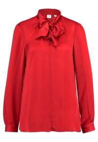 Blouse en satin rouge à manches longues, avec un nœud papillon au col et une coupe droite. Texture lisse et couleur unie, sans motifs.