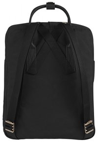 Black backpack with padded straps and top handle. Made of durable fabric, featuring simple design and metallic hardware accents.