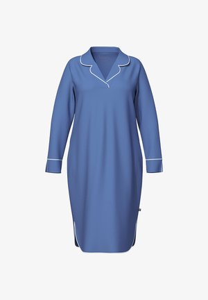 Blauwe nachtjapon met lange mouwen, een V-hals en witte bies langs de kraag en mouwen. Zachte, gladde textuur; knielengte.