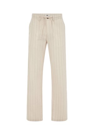 Beige broek met rechte pijpen en dunne verticale strepen, elastische tailleband, riemlussen en een vooraan vast te trekken koord.
