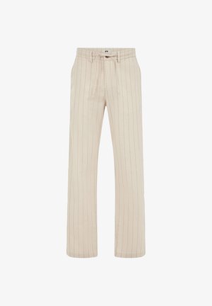 Bézs színű, egyenes szárú nadrág vékony függőleges csíkokkal, rugalmas derékpánthoz, övbújtatókkal és elöl húzózsinórral.