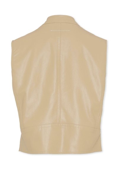 Beżowa bezrękawnikowa kamizelka o gładkiej, błyszczącej fakturze, z wysokim kołnierzem i kontrastowymi szwami wzdłuż ciała dla dodatkowego efektu.