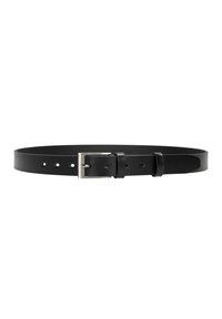 Zwarte leren riem met een zilveren metalen gesp, voorzien van meerdere gaatjes voor aanpasbare maat. Gladde structuur en strakke vormgeving.