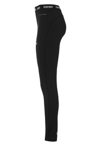 Leggings sportivi neri con una texture liscia e elasticizzata. Presentano una vita con logo e un design aderente. Dettagli cuciti in tutto il capo.