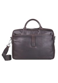 Borsa in pelle marrone con manici superiori doppi e una tracolla staccabile. Presenta una tasca frontale e una finitura liscia con minimi dettagli in metallo.