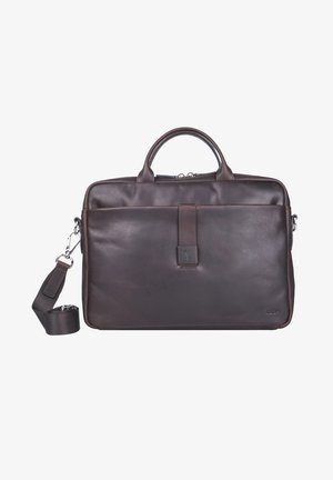 Brown leather bag with dual top handles and a detachable strap. Features a front pocket and a smooth finish with minimal hardware accents.