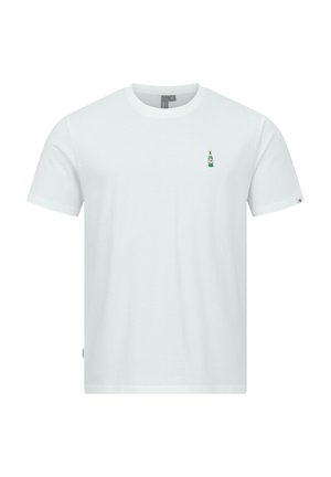 Biała koszulka z krótkim rękawem i okrągłym dekoltem, z małą zieloną butelką wyhaftowaną na lewej piersi.