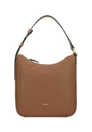 Sac à bandoulière en cuir marron avec fermeture éclair dorée, sangle noire réglable et petit logo "Gabor" doré à l'avant.