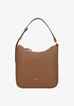 Brown leather shoulder bag with gold zipper, adjustable black strap, and small gold "Gabor" logo on front.