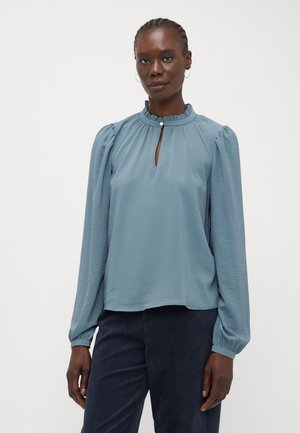 Blue crinkled blouse with a ruffled collar and keyhole detail. Long sleeves gathered at the cuffs. Soft texture, lightweight fabric.