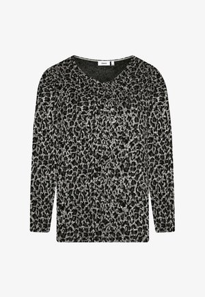Langärmeliges Oberteil mit einem schwarz-grauen Leopardenmuster, das einen rund ausgeschnittenen Halsausschnitt und einen weich strukturierten Stoff aufweist.