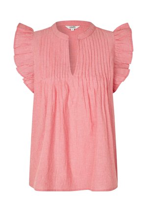 Roosa triibuline pluus pehme volangiga varrukatega, ümar kaelus ja lühike võtmeaugu lõige ees. Valmistatud kergest kangast.