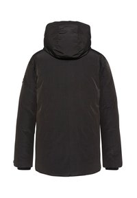 Sort hættejakke med en glat, mat overflade. Har et enkelt design, lange ærmer og en lige pasform. Ingen synlige logoer eller hardware.