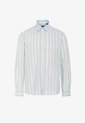 Gaiši zaļš svītrains garām piedurknēm krekls ar baltām un bālzilām svītrām, ar pogām aizdaru apkakli un regulējamiem aproču galiem. Kokvilnas materiāls.