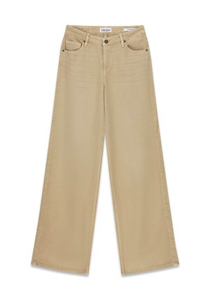 Weit geschnittene, hellbeige Jeans aus Denim mit zwei Vordertaschen und Knopfverschluss. Zeichnen sich durch klare Linien und minimale Nähte aus.