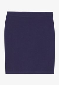 Navy blue, knee-length skirt made of soft, stretchy fabric. Features a simple elastic waistband and a smooth, unembellished surface.
