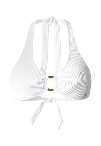 Biely rebrovaný bikiny top s halter krkom a nastaviteľným zaväzovaním na chrbte. Zlatý kruhový akcent v strede predného dielu. Detail textúrovanej látky.