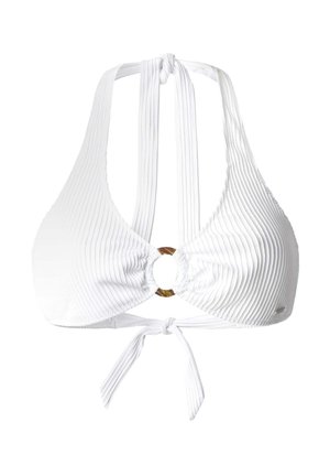 Bikini blanc à rayures avec un col halter et un lien ajustable à l'arrière. Accent circulaire doré au centre avant. Détail en tissu texturé.