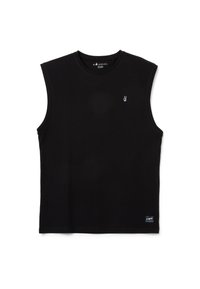 Canottiera nera senza maniche in cotone con un piccolo logo a forma di segno di pace bianco sul petto e un'etichetta tessuta all'orlo.